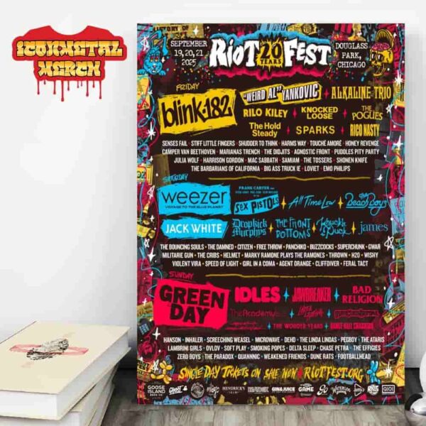 Riot Fest 20 Years Official Line Up Poster At Douglas Park Chicago On September 19th To 21st 2025 Wall Decor Poster Canvas